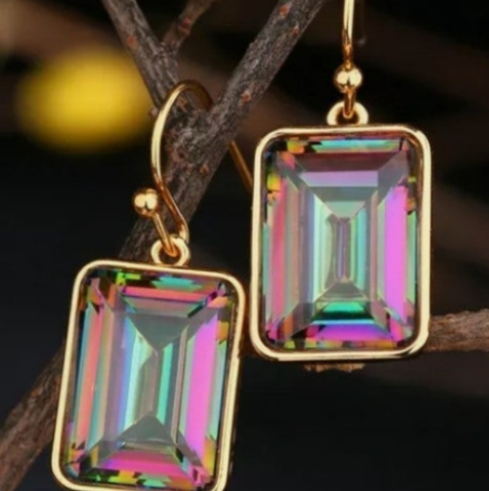 14K/STERLING MYSTIC TOPAZ SQUARE CUT DANGLE EARRINGS 1 IN